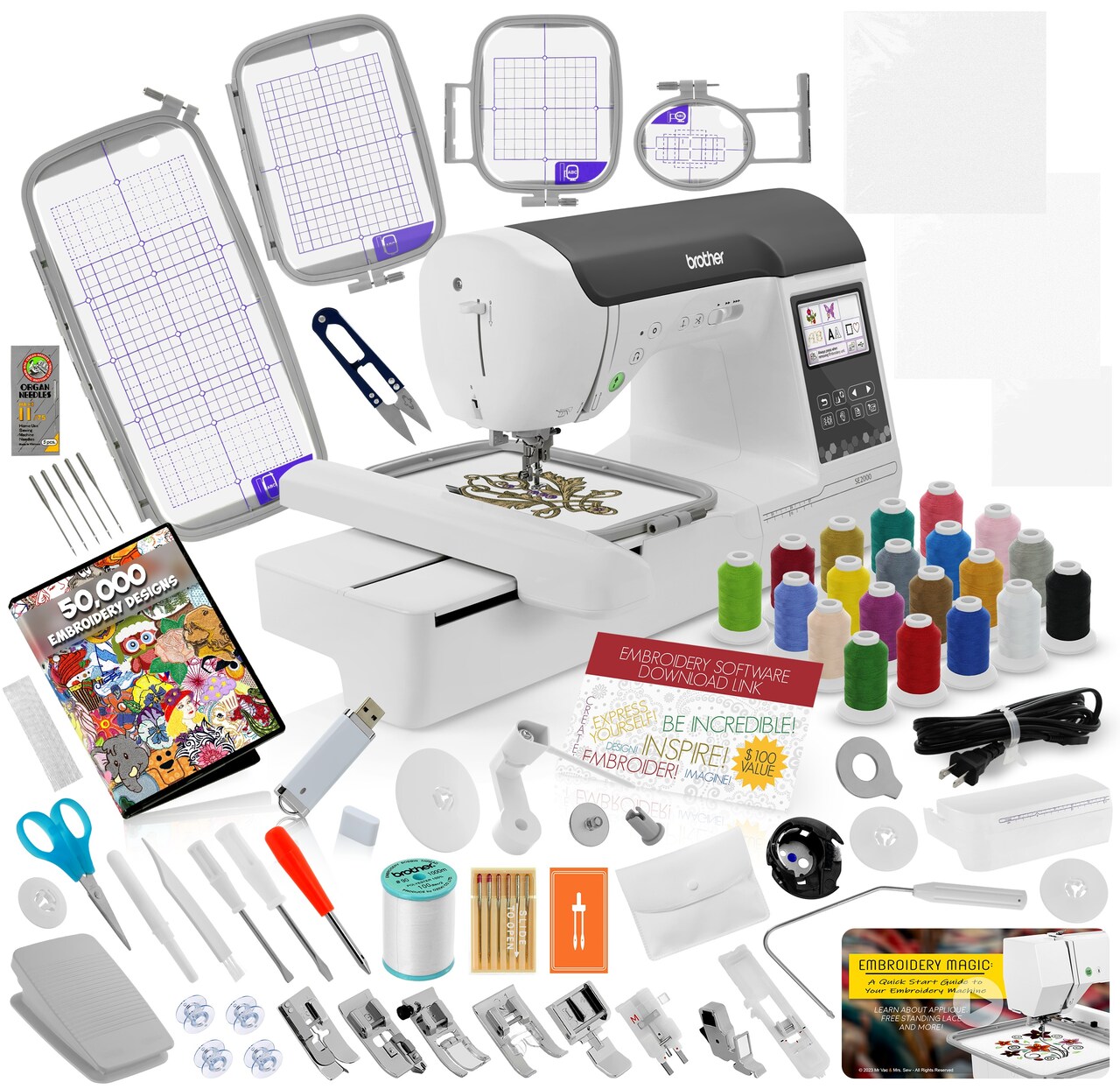 Brother SE2000 Sewing and Embroidery Machine Bundle - 5" x 7" Field, Cuts Jump Stitches, Wireless LAN, Includes 4 Hoops, 20 Premium Threads, Stabilizer Sheets, 50,000+ Designs, Accessories & More